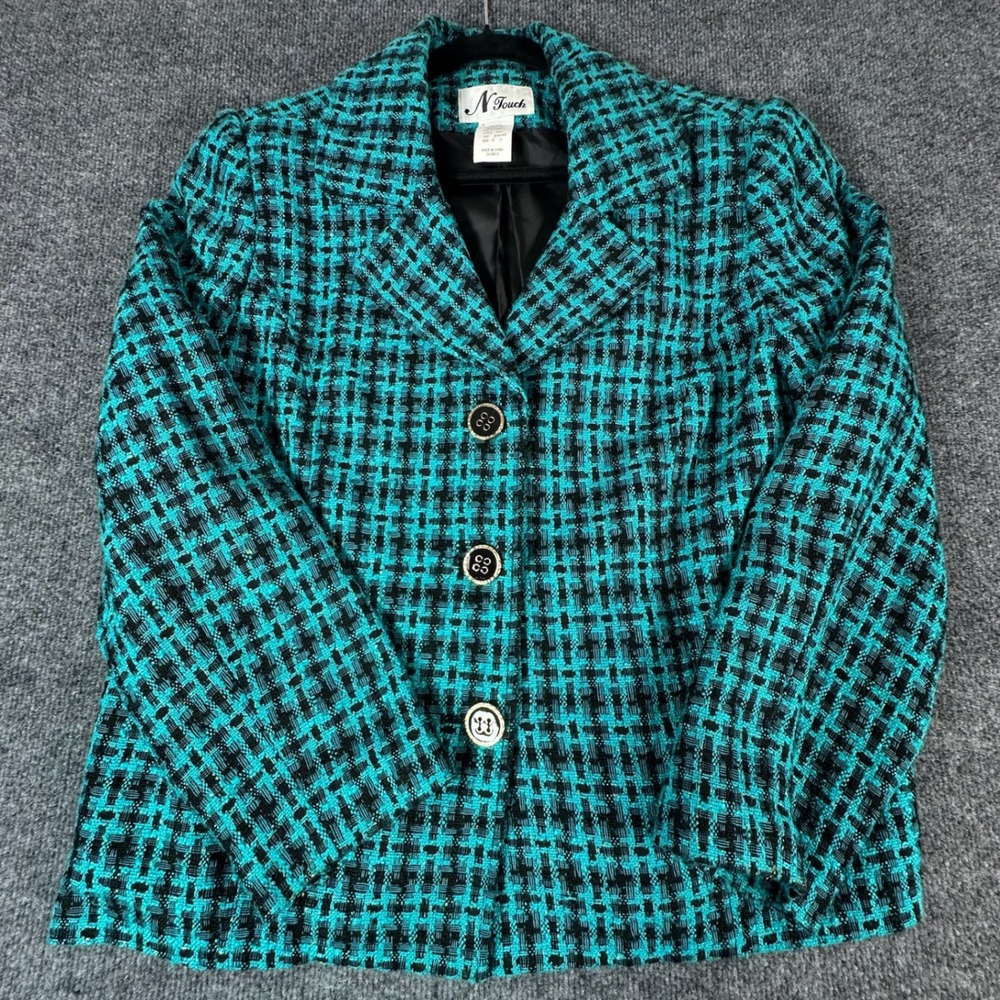 N Touch‎ Women's Blazer Teal Black Plaid Tweed Jacket Size 12